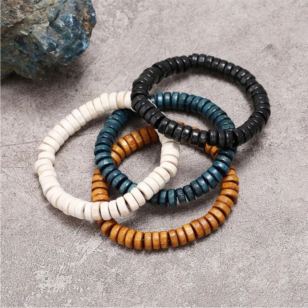 4 Elastic Wooden Beaded Bracelets
